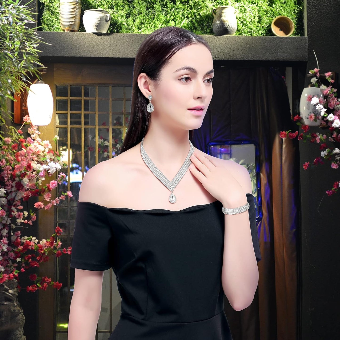 3/4 Pieces Women Jewelry Set Rhinestone Tiara Crown Necklace Bangle Bracelet Artificial Crystal Teardrop Dangle Earrings and Artificial Rhinestone Handbag for Wedding Party