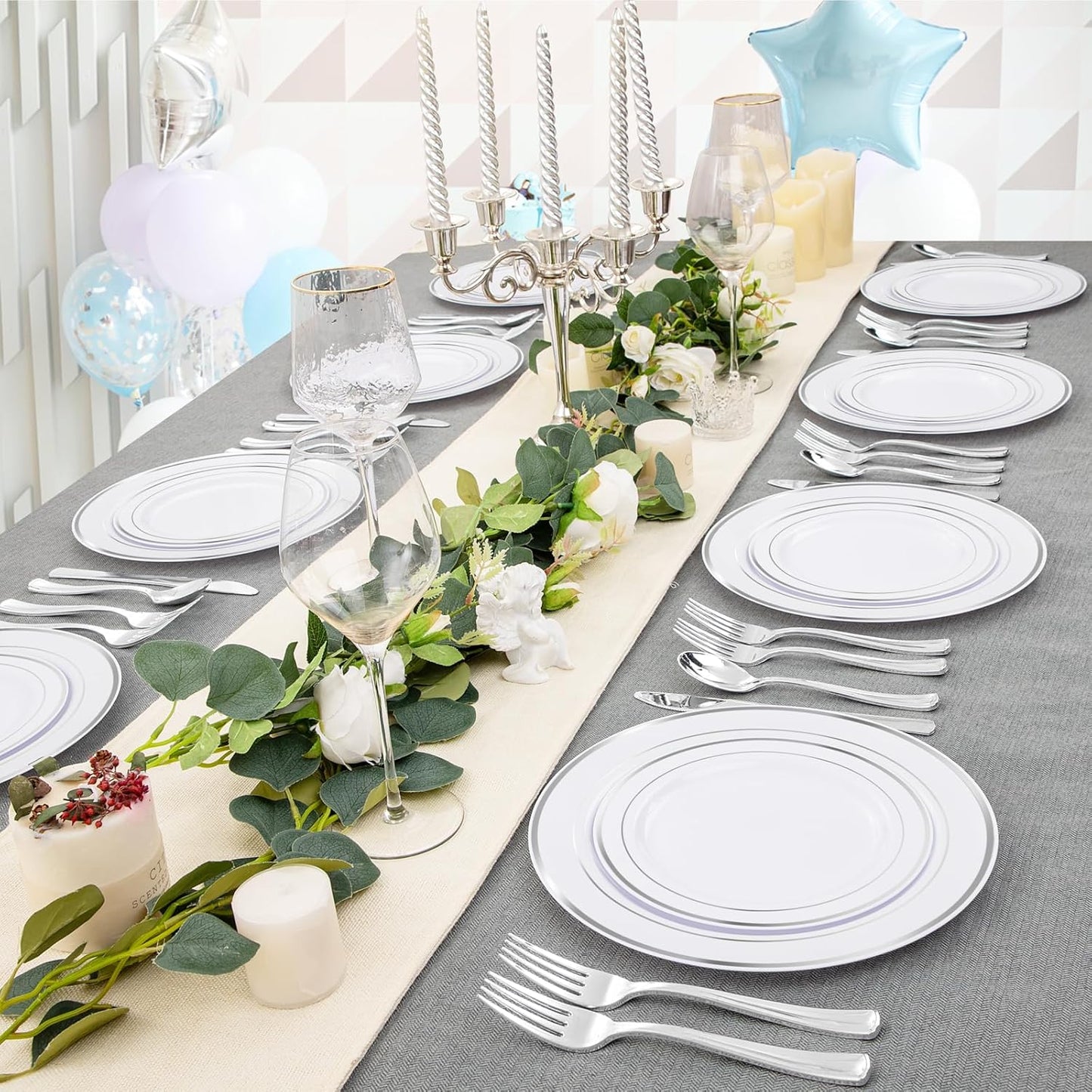 FLOWERCAT 60PCS Silver Plastic Plates - Heavy Duty White and Silver Plastic Plates Disposable - Include 30PCS 10.25inch Dinner Plates and 30PCS 7.5inch Dessert Plates for Wedding&New Year&Christmas