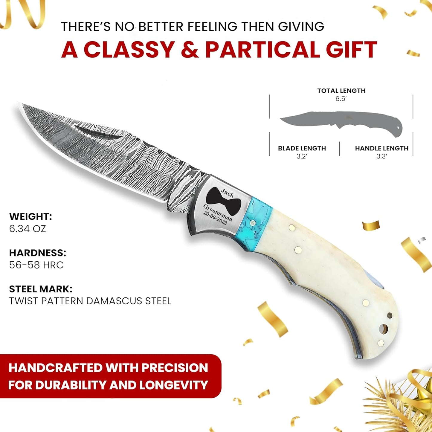 Set of 6 - Personalized Damascus Pocket Knife for Groomsmen -With Leather Sheaths - Custom Engraved Pocket Knives | Groomsman Gifts for Wedding, Groomsmen Proposal Gifts