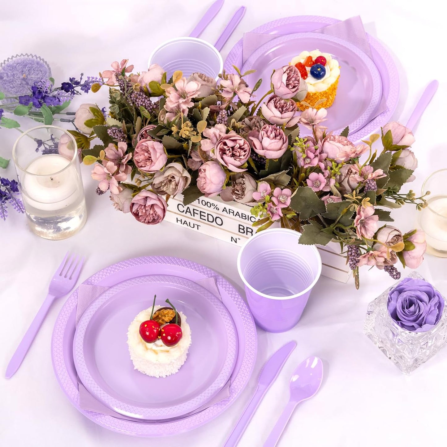 WELLIFE 210Pcs Lavender Plates,Light Purple Plastic Dinnerware Set,Party Supplies Including purple plates, 12OZ Cups, plastic Cutlery and Paper Napkins Serve 30 Guests, Disposable Plates for Party