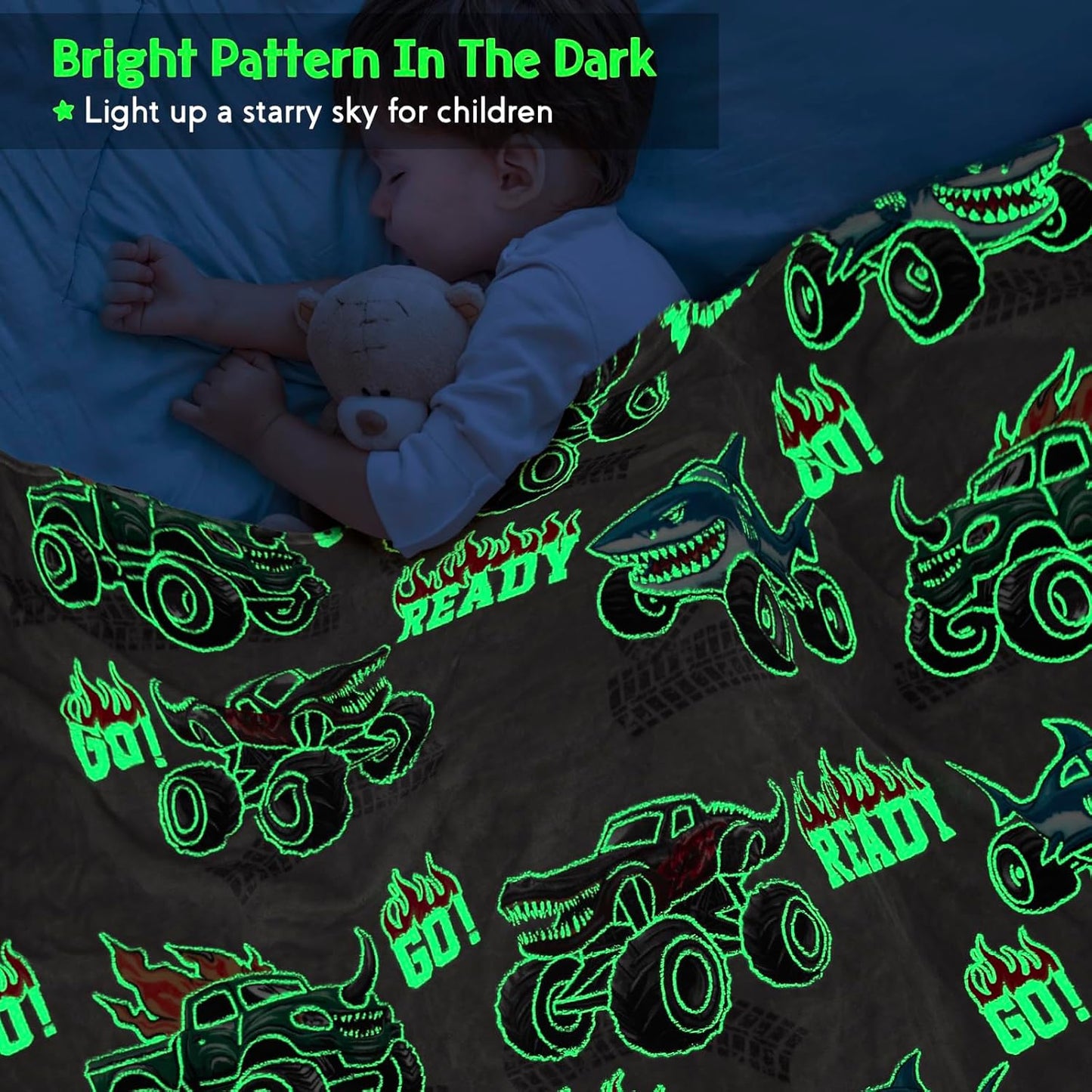 Jekeno Truck Shark Glow in The Dark Blanket Gifts for Kids Boys Girls Teens Birthday Christmas Halloween Excavator Construction Tractor Car Throw Age 1-16 Years Old Toddlers Room Decor Grey 50"x60"