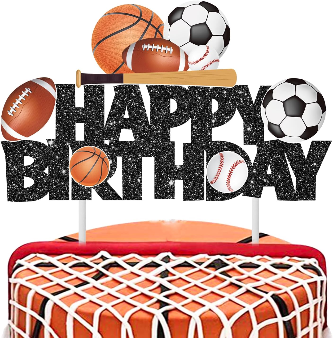 Sports Birthday Cake Toppers Baseball Cake Picks Glitter Black Football Soccer Ball Cake Decorations Rugby Basketball Birthday Decorations for Sports Balls Theme Boys Men Baby Shower Party Supplies