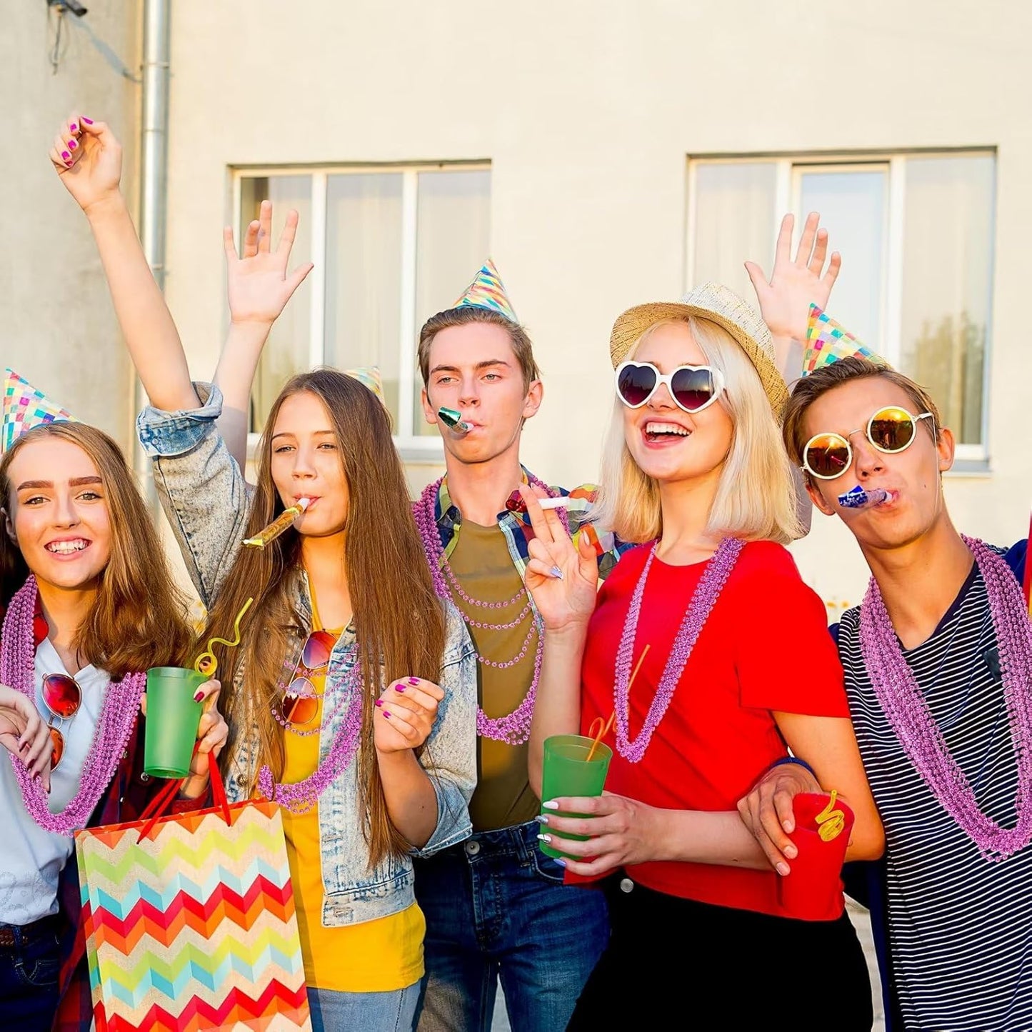 24PCS Bead Necklace, Breast Cancer Awareness Beaded Necklaces Stuff, 33" Mardi Gras Beads Necklace Costume, Festival Parade Throw Accessories for Wedding Birthday Gender Reveal Party Events Supplies