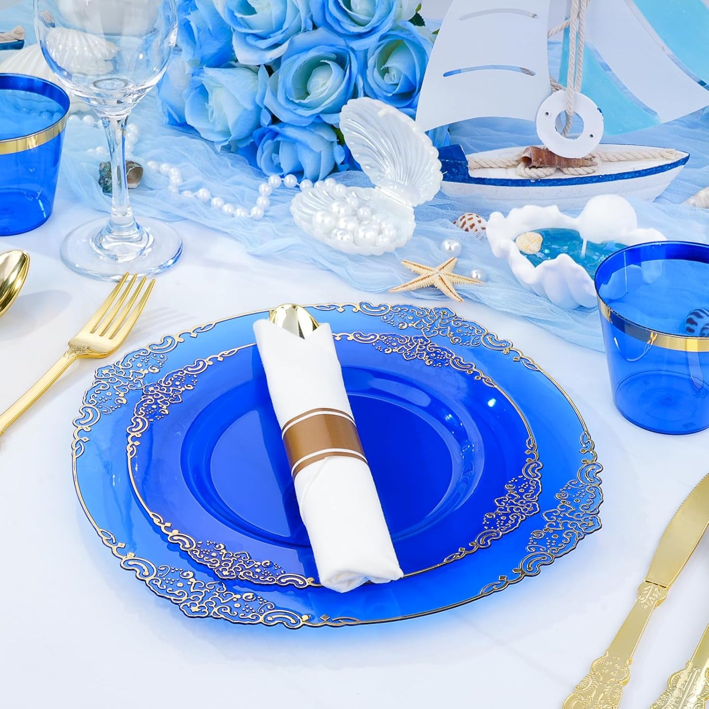 350 PCS Blue and Gold Plastic Plates, Disposable Dinnerware Set for 50 Guests, 100 Disposable Plates, 150 Silverwares, 50 Cups, 50 Napkins for Wedding, Party, Graduation