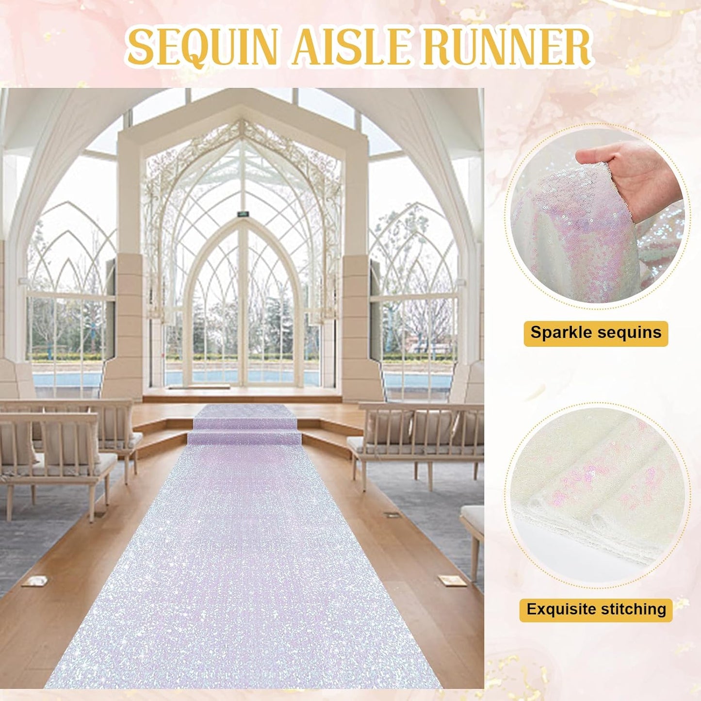 PartyDelight Wedding Aisle Runner Iridescent White 4FTx15FT Sequin Carpet Sparkly Rug for Ceremony Indoor Outdoor Engagement Decoration