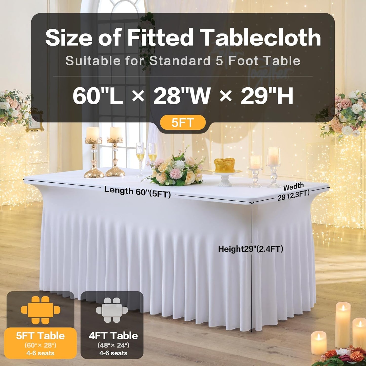 Outpain White Spandex Table Clothes for 5 Foot Rectangle Tables-2Pack 5FT Spandex Fitted Table Cover, Wrinkle Free Tablecloths with Skirt for Parties, Wedding, Birthday, Banquet, Festival