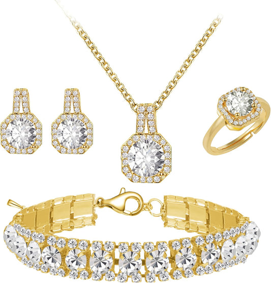 4pcs Cubic Zirconia Wedding Jewelry Sets for Bride Bridesmaid Cubic Zirconia Pendant Necklace Earrings Link Tennis Bracelet Open Ring Set for Women