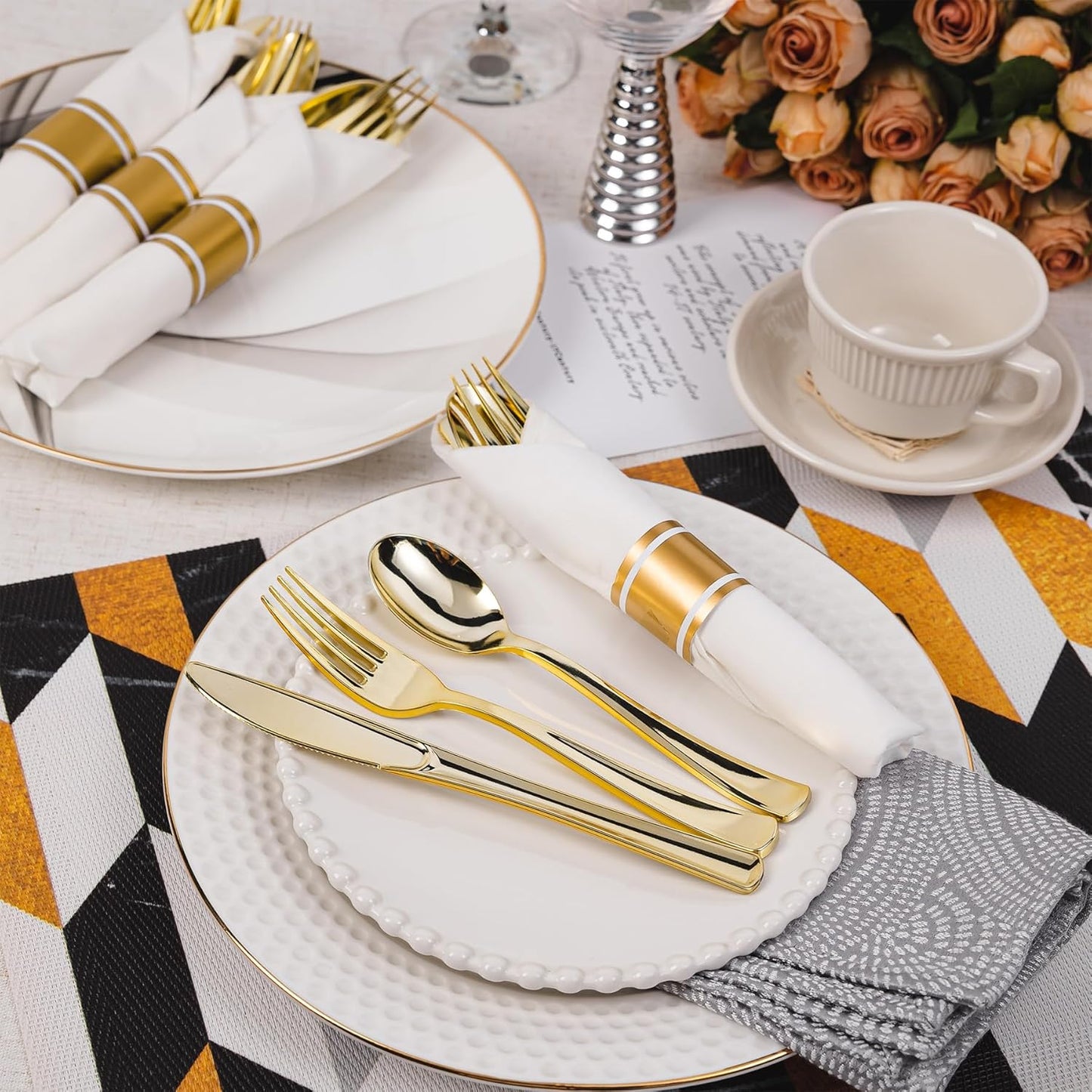 N9R 120 Pack Pre Rolled Gold Plastic Silverware Set, Wrapped Plastic Silverware Set with 120 Forks, 120 Knives, 120 Spoons and 120 Napkins, Disposable Cutlery Set for Party and Wedding