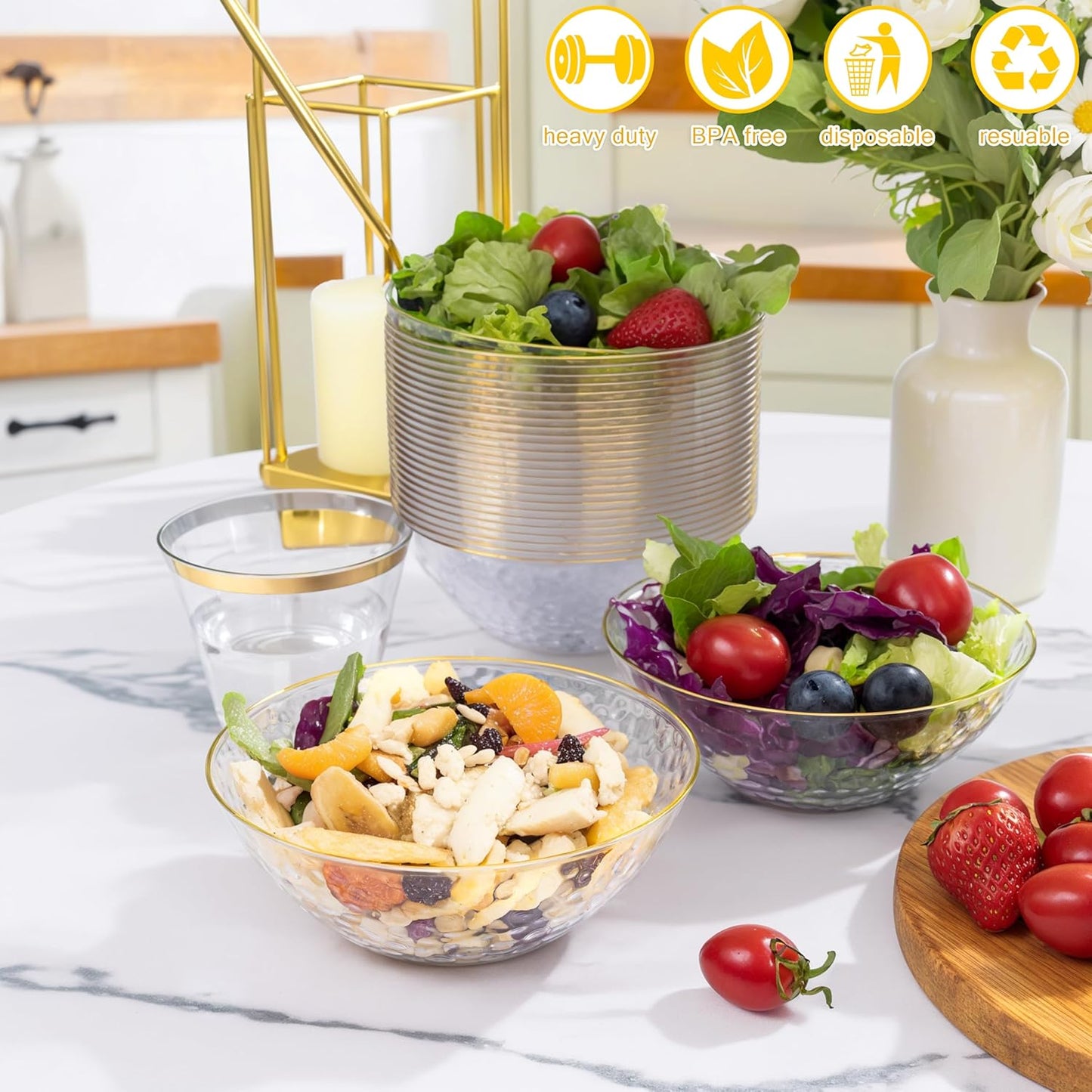 Rubtlamp 30 Pack Clear Disposable Bowls, Clear Plastic Bowls with Gold Rim, 12-16oz Premium Heavy Duty Plastic Dinner Bowls for Party, Wedding and Holiday