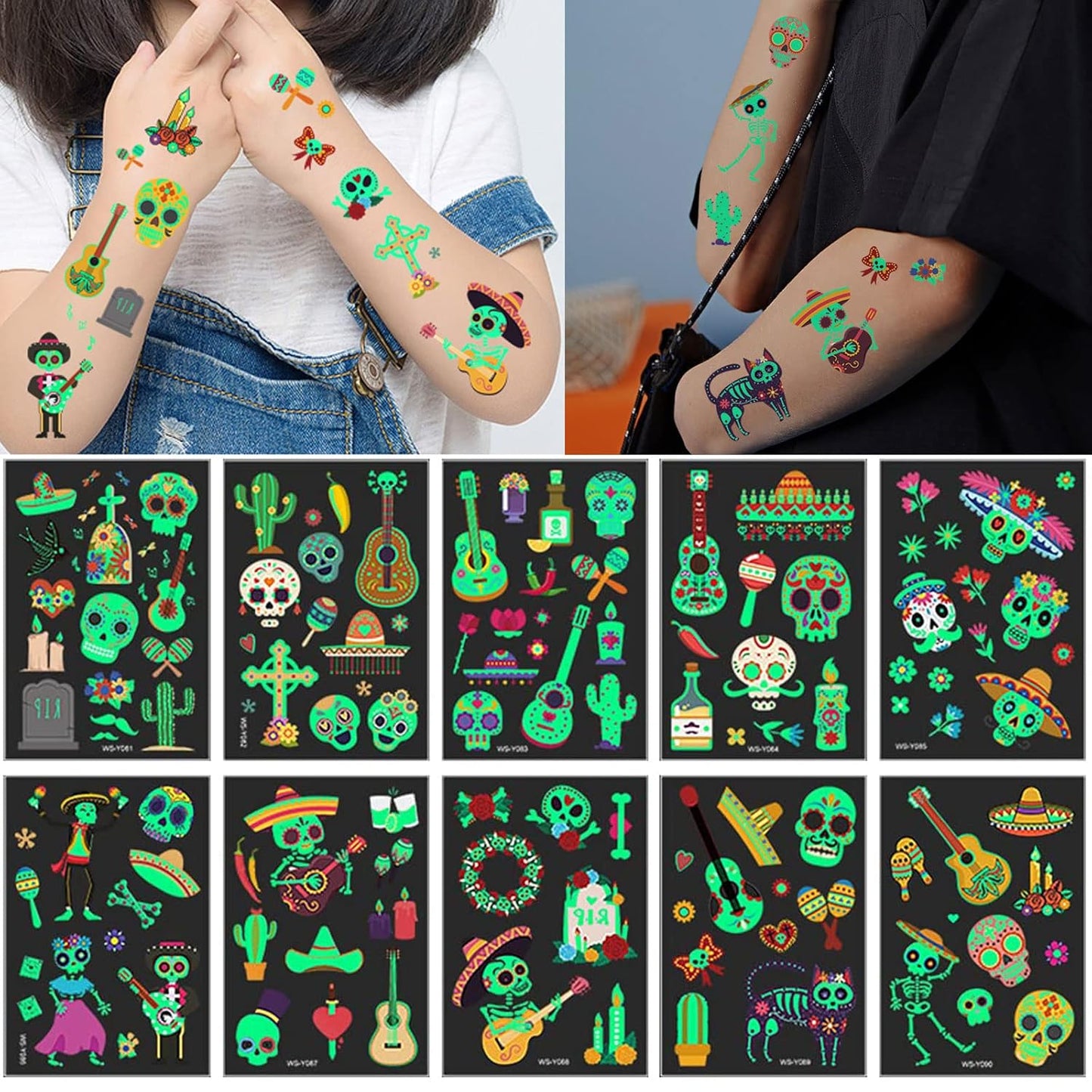 Day of the Dead Luminous Halloween Temporary Tattoo for Kids Adults, 125PCS Waterproof Fake Face Tattoos, Body Stickers Decorations Glow in the Dark, Makeup Party Favors Supplies Decor Boys Girls