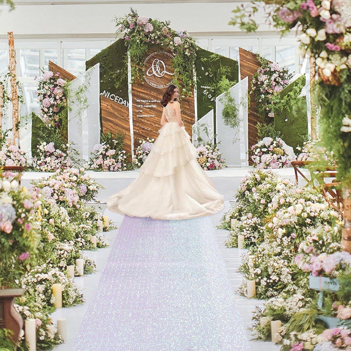 PartyDelight Wedding Aisle Runner Iridescent White 4FTx15FT Sequin Carpet Sparkly Rug for Ceremony Indoor Outdoor Engagement Decoration