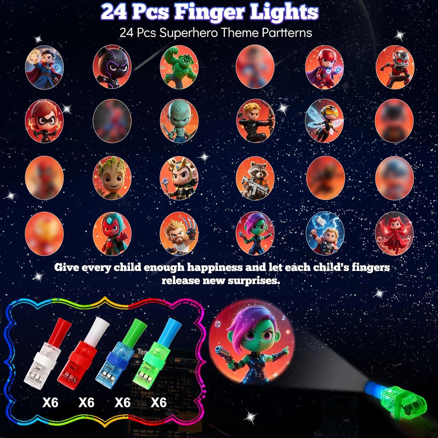 Superhero Finger Lights, 24 PCS Glow in the Dark LED Flashlights Hero Theme Party Favors, Bulk Fun Light Up Toys for Halloween Trick or Treats, Classroom Rewards, Party Goodie Bag Fillers & Kids Gifts