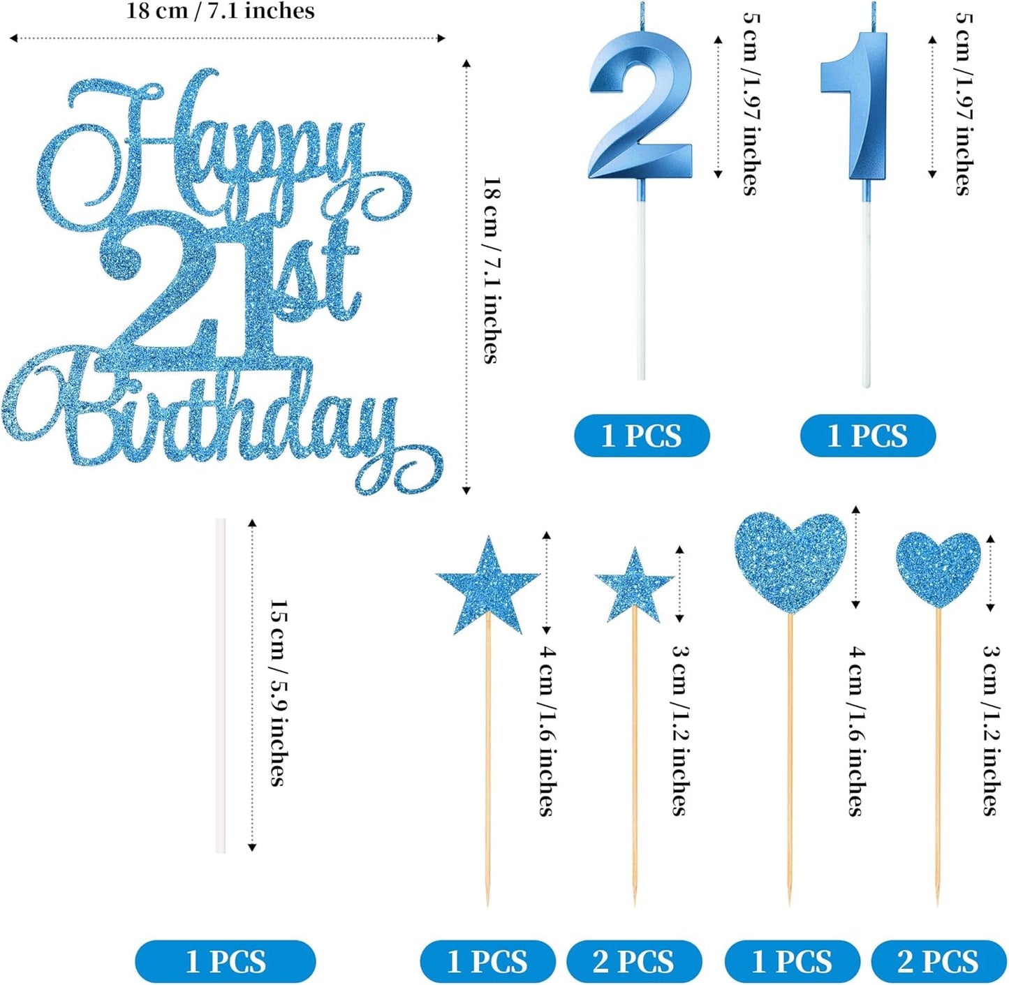 21st Birthday Cake Toppers, 21st Birthday Candles Numeral Candles and Glitter Cake Decorations Toppers Set for Party Supplies (Blue)