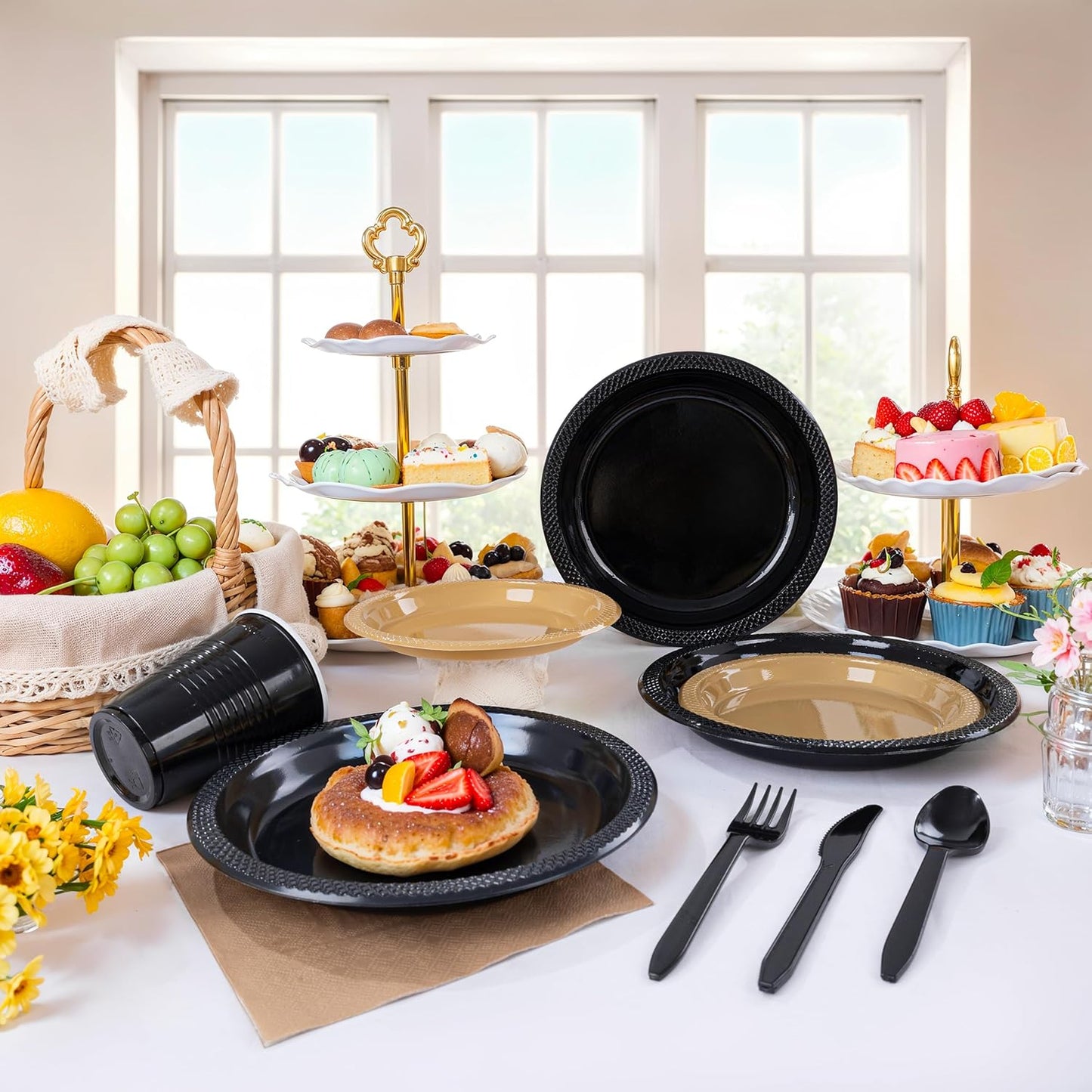 MirthMood 350PCS Black and Gold Plastic Plates,Black Disposable Plates –Plastic Plates Set Includes 50 Dinner,50 Dessert Plate,50 Cup&50 Napkins, 50 Black Silverware for Wedding& Parties& Halloween