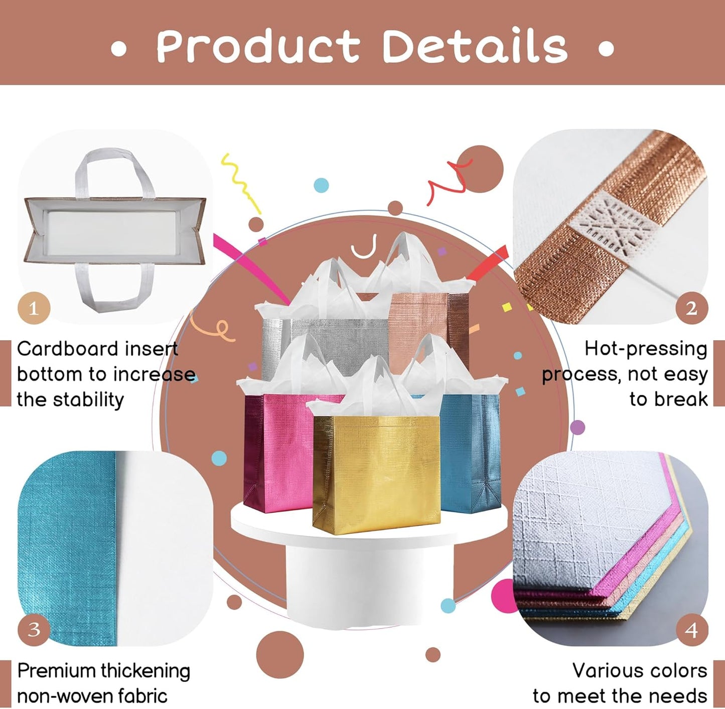 cabzymx 15 Pcs Multicolor Reusable Gift Bags Bulk with 5 Colors, 12.6x4.7x11 In Large Holiday Party Bags with Metallic Bling for Wrapping Gifts, Birthday, Wedding, Parties, Christmas