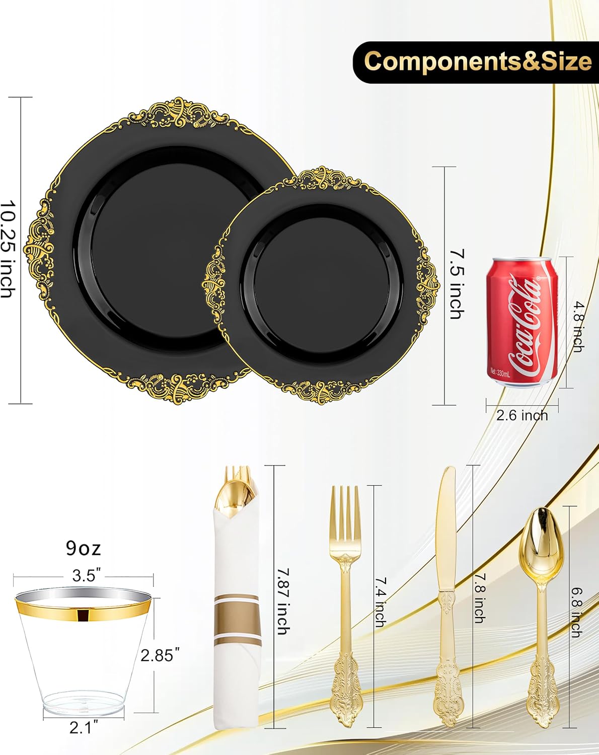 Nervure 175PCS Black Plastic Plates - Disposable Black Gold Party Plates & Pre Rolled Napkins with Cutlery for 25 Guests, 50Plates, 75Silverware, 25Cups, 25Napkin for Wedding & Party & New Year