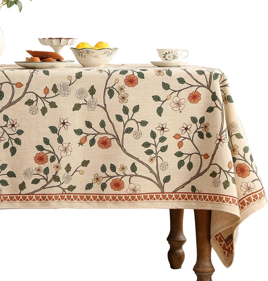 ISAENNE Designer Floral Extra Long Rectangle Tablecloth,French Linen Light Beige Indoor Table Cloth,Fall Wrinkle Resistant Decor Tablecloths for Dining Thanksgiving Kitchen,63"*110"-Flora A