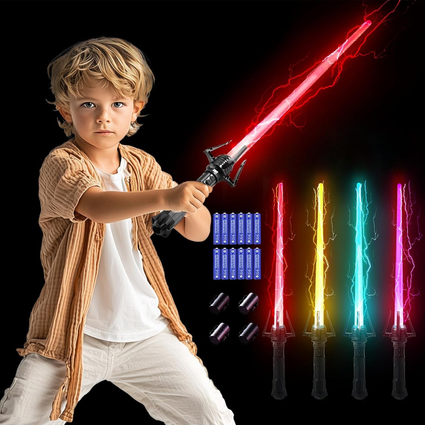SANCO Light Up Sabers for Kids - 4 Pack 7 Colors Retractable Mechanical Claw Power Swords with FX Sound, Glowing Toys for Halloween Cosplay Parties, Christmas Birthday Gifts for Boys & Girls