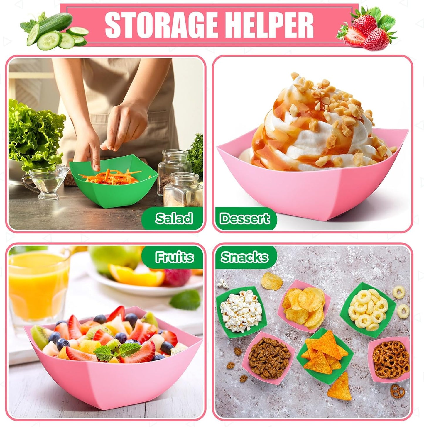 Tanlade 50 Pcs Square Plastic Serving Bowls Disposable Snack Salad Bowl Small Party Candy Bar Containers Taco Bar Serving Dishes for Buffet Chips Fruit (8 oz,Pink,Green)