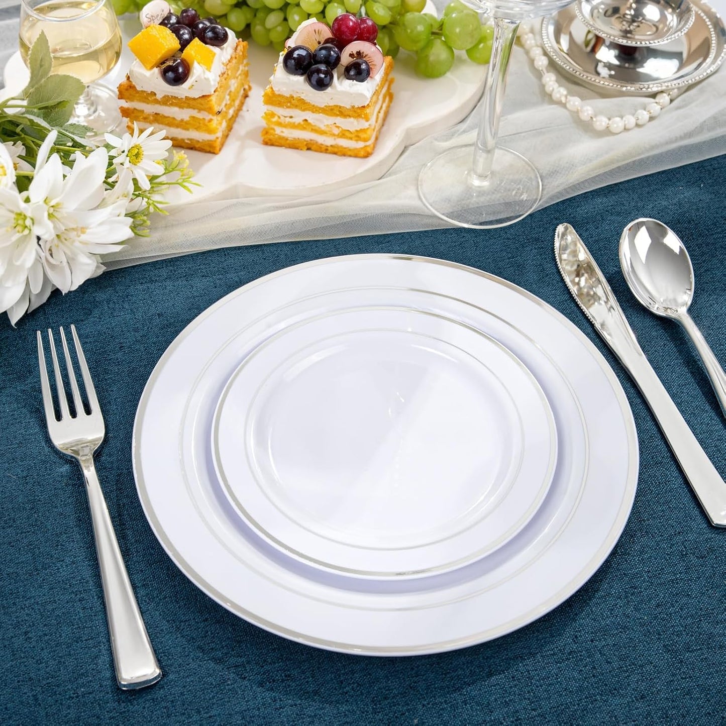 NOCCUR 200PCS Silver Plastic Plates Disposable for 100 Guests - Include 100 Dinner / 100 Dessert Plates Heavy Duty - Ideal for Party, Wedding, Christmas