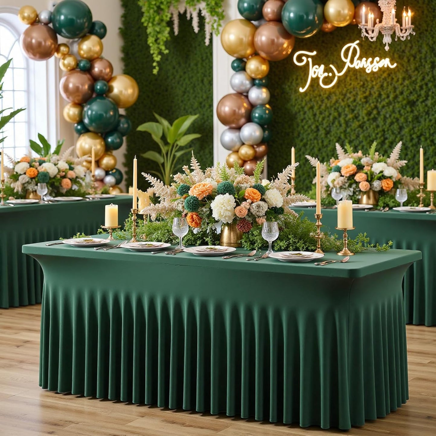 1 pk Hunter Green Spandex Tablecloth for 6 Foot Rectangle Tables, Wrinkle Free Fitted Spandex Table Covers 6ft Green Stretch Table Cloths with Ruffle Skirt for Parties Weddings Banquet Baby Shower