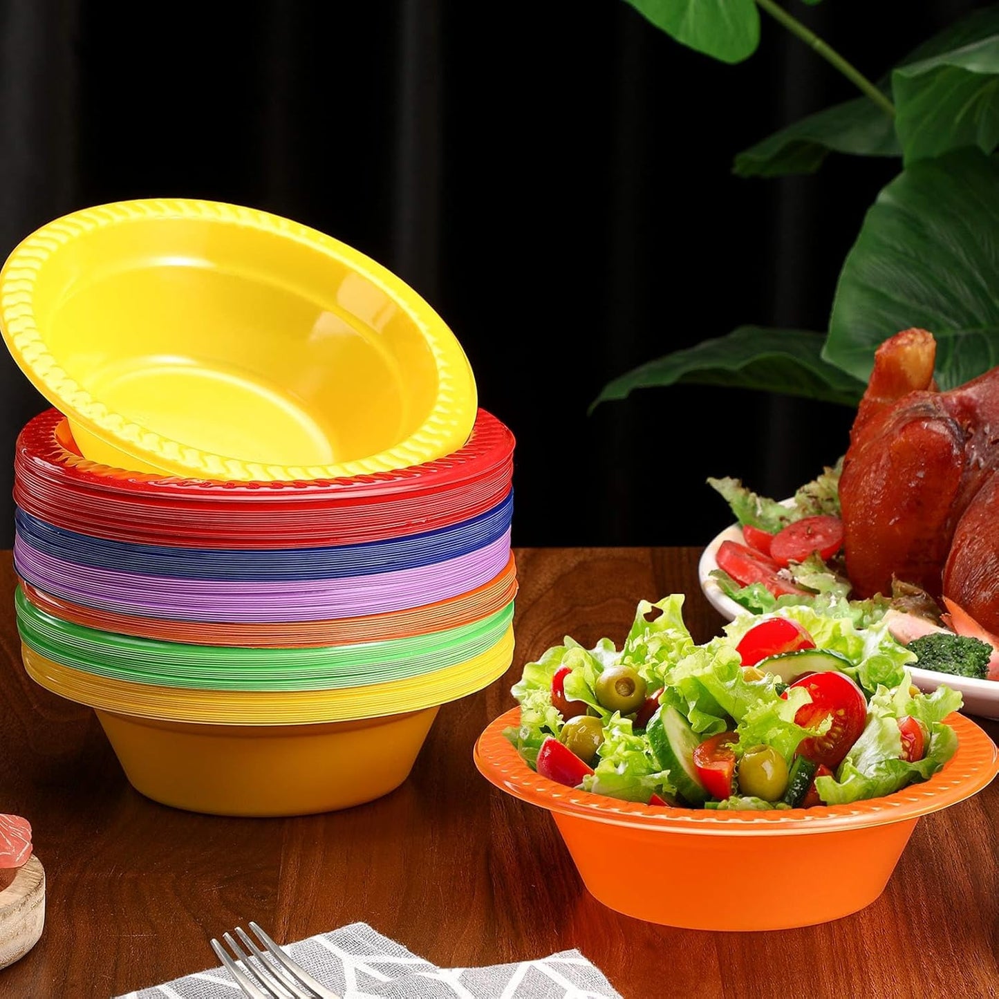 Lallisa 100 Pcs 12oz Rainbow Disposable Plastic Bowls Dessert Cups Ice Cream Snack Salad Soup Food Serving Bowls for Party Favor Picnic