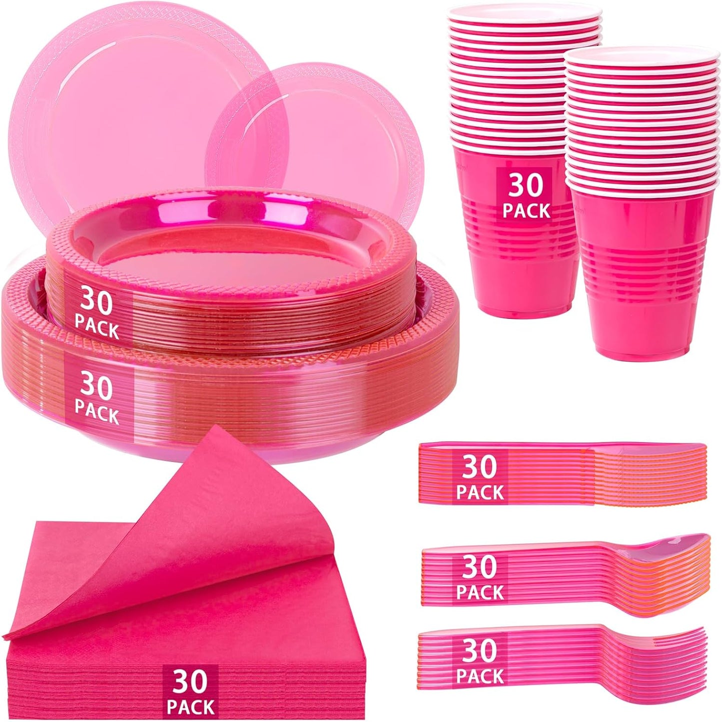 WELLIFE 210Pcs Hot Pink Plates,Clear Hot Pink Plastic Dinnerware Set,Party Supplies Including Clear Plates, 12OZ Cups, Plastic Cutlery and Paper Napkins Serve 30 Guests, Disposable Plates for Party