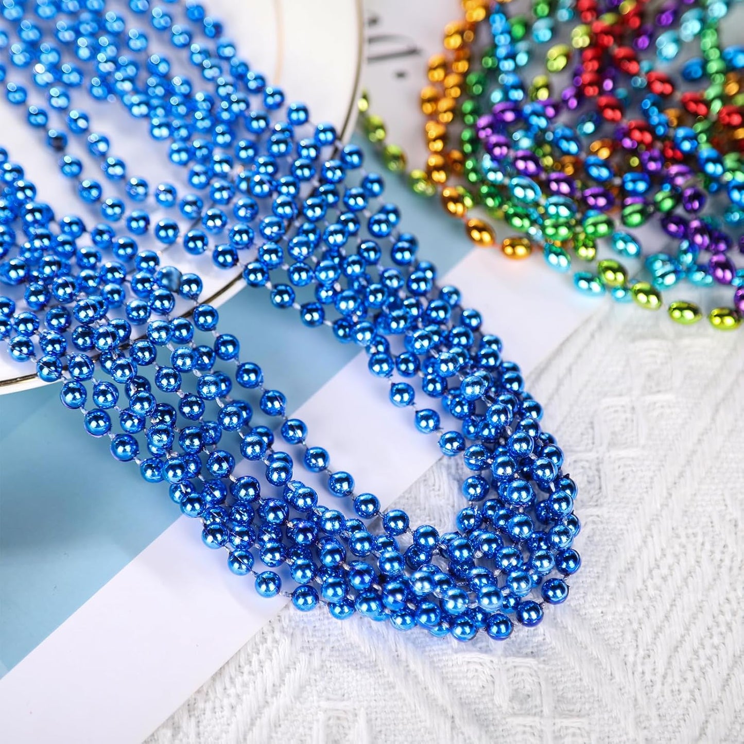 48 Pack Mardi Gras Beads Necklaces, 33 Inch Plastic Beads for Party Favors, Festival Decorations, Parade Throws, Christmas, St. Patrick's Day Celebrations