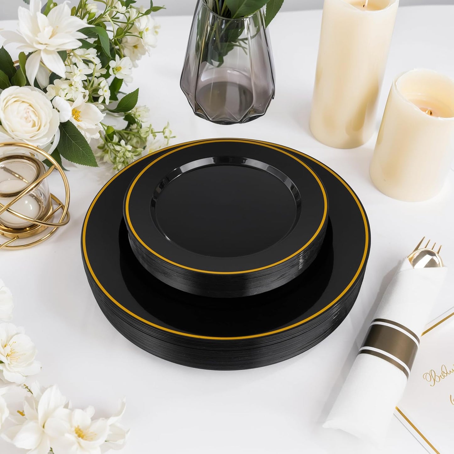 SUT 350 Pcs Black and Gold Plastic Dinnerware Set for 50 Guests, Include: 50 Dinner Plates, 50 Dessert Plates, 50 Pre Rolled Napkins With Silverware, 50 Cups, Disposable Plates for Party