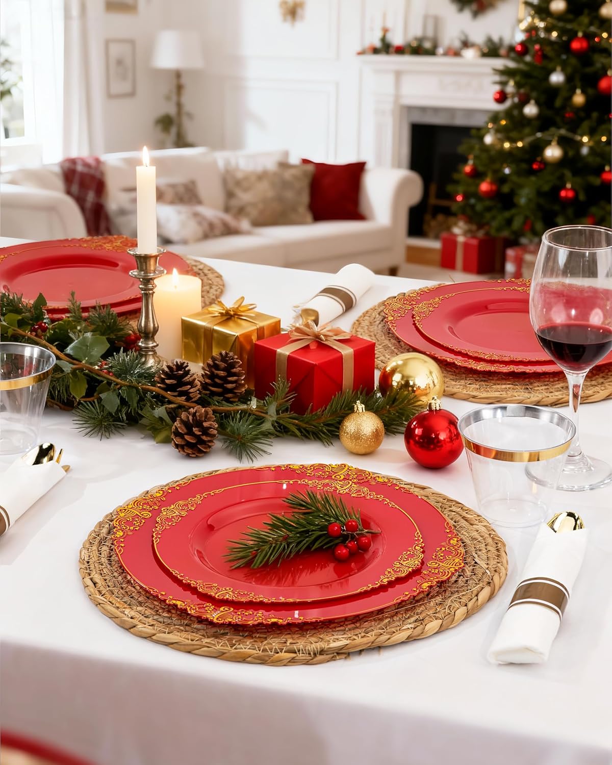 Nervure 350PCS Red Plastic Plates - Red Gold Plastic Dinnerware Sets for 50 Guests - 100 Gold Disposable Plates, 50 Pre Rolled Silverware Sets, 50 Cups Perfect for Wedding & Party & Christmas