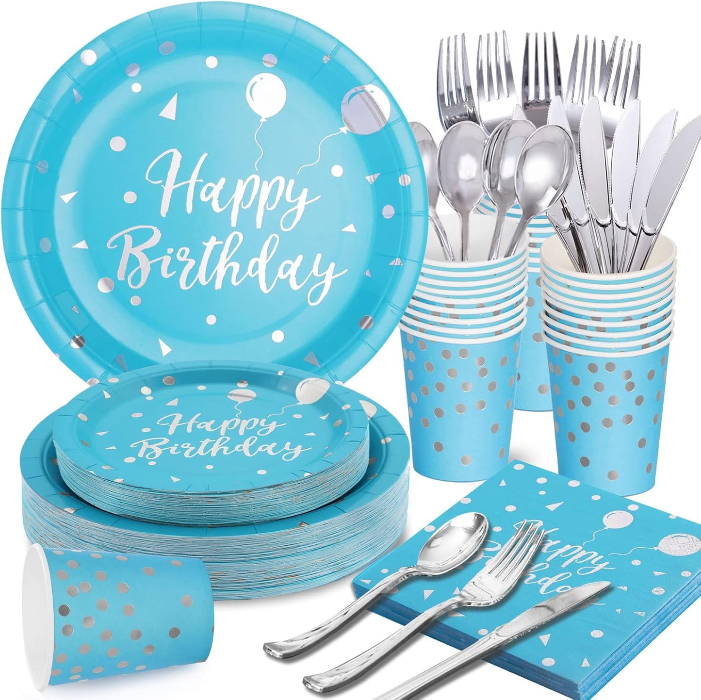 Light Blue Birthday Decorations - Light Blue Birthday Plates and Napkins Party Supplies Sever 25 Guest - Light Blue and Silver Paper Plates for Happy Birthday Party Decorations