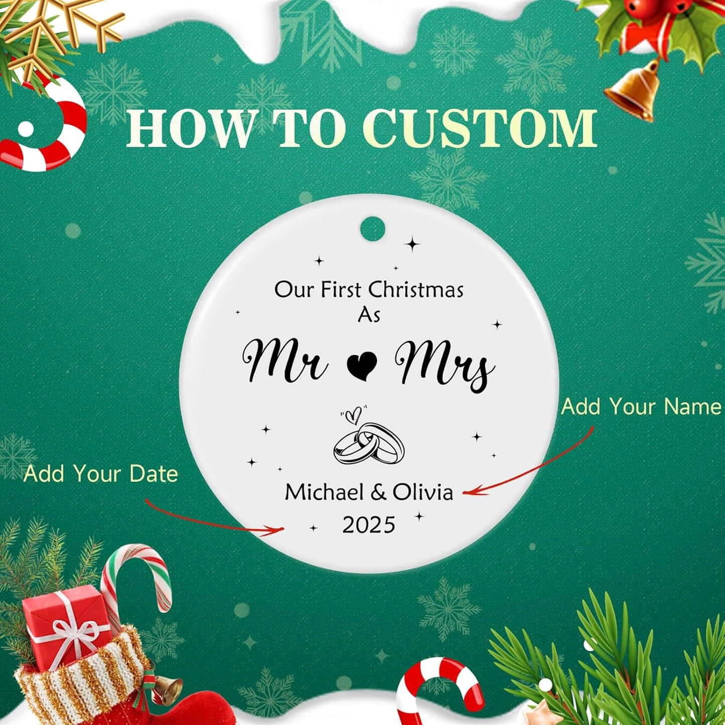 Personalized First Christmas Married Ornament 2025, Custom Engaged Christmas Ornaments with Names, Customized Wedding Engagement Gifts for Newlywed Couples Him Her