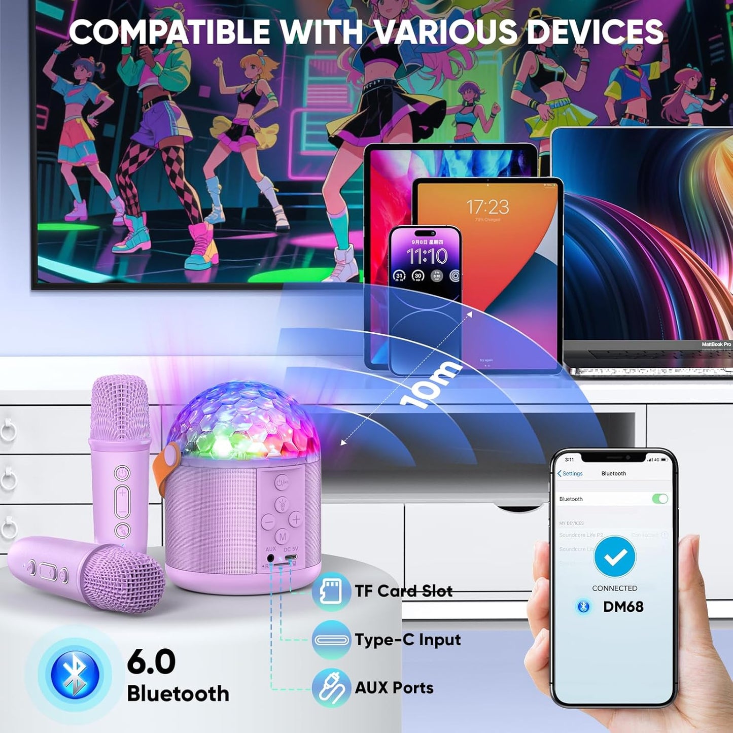 Karaoke Machine with Disco LED Lights for Adults Kids, Portable Bluetooth Speaker with 2 Wireless Microphone, Christmas Birthday Gifts Toys for 3-12+ Kids Family Home Party Stocking Stuffers