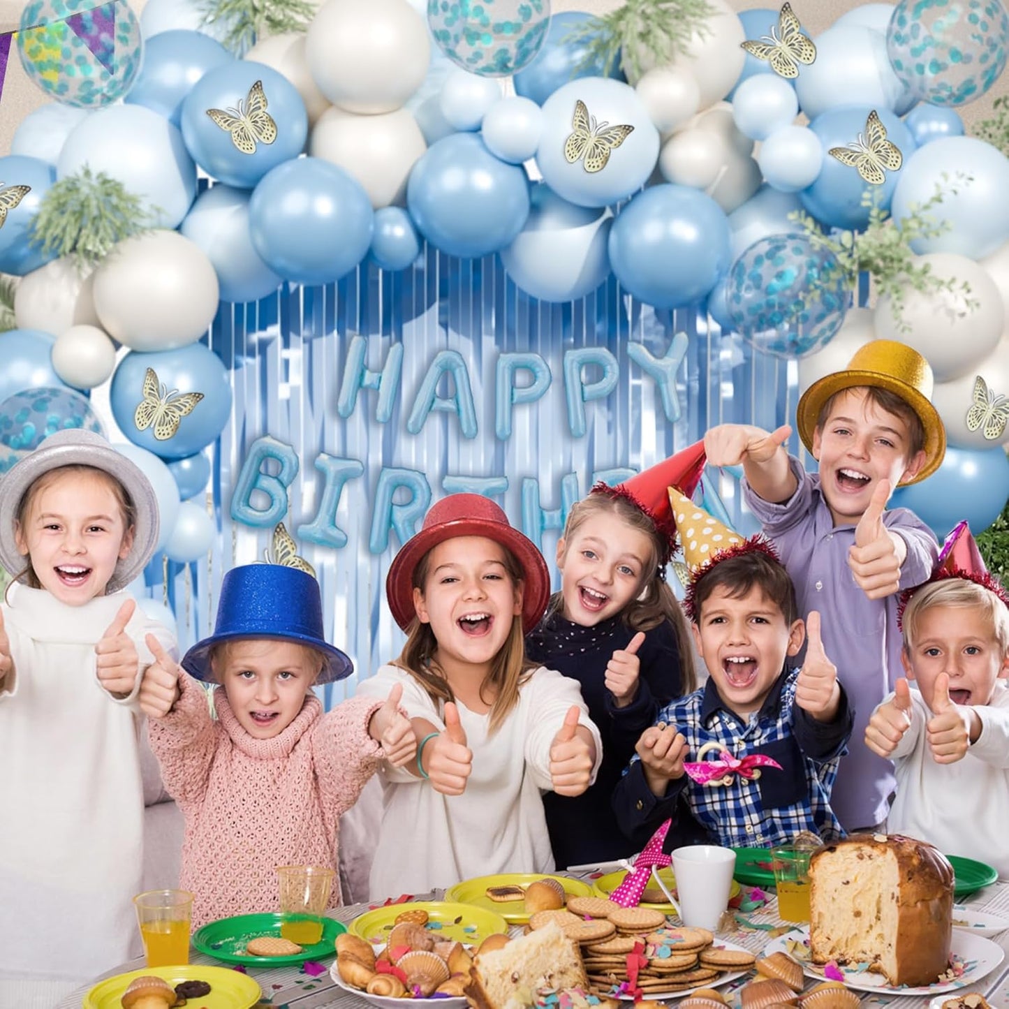 Light Blue Birthday Decorations, Dusty Blue Sand White Confetti Foil Balloons Happy Birthday Banner Fringe Curtains Gold Butterfly for happy birthday party decor