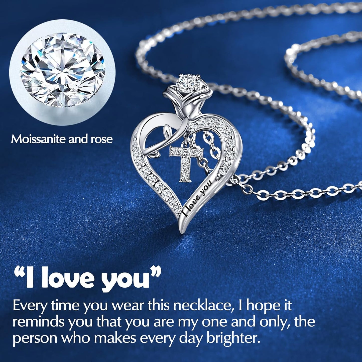 Rose Heart Pendant Necklace Gifts for Wife, Engraved 'I love you' Gift for Wife Girlfriend, Anniversary Birthday Eternity Jewelry Present for Women, Moissanite Necklace Gift for Her