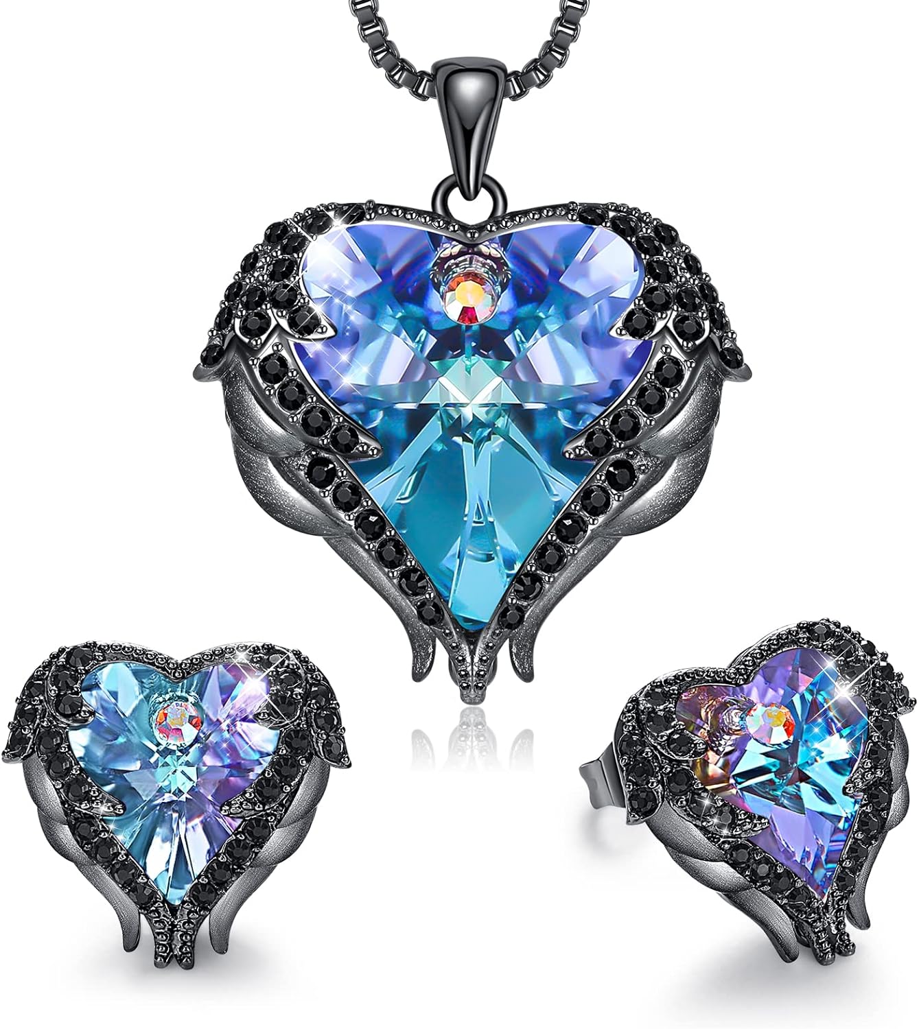 CDE Mothers Day Jewelry Set for Women, Angle Wing Heart Pendant Necklaces and Earrings with Birthstone， Birthday/Anniversary Christmas Jewelry Gift for Women Wife Her