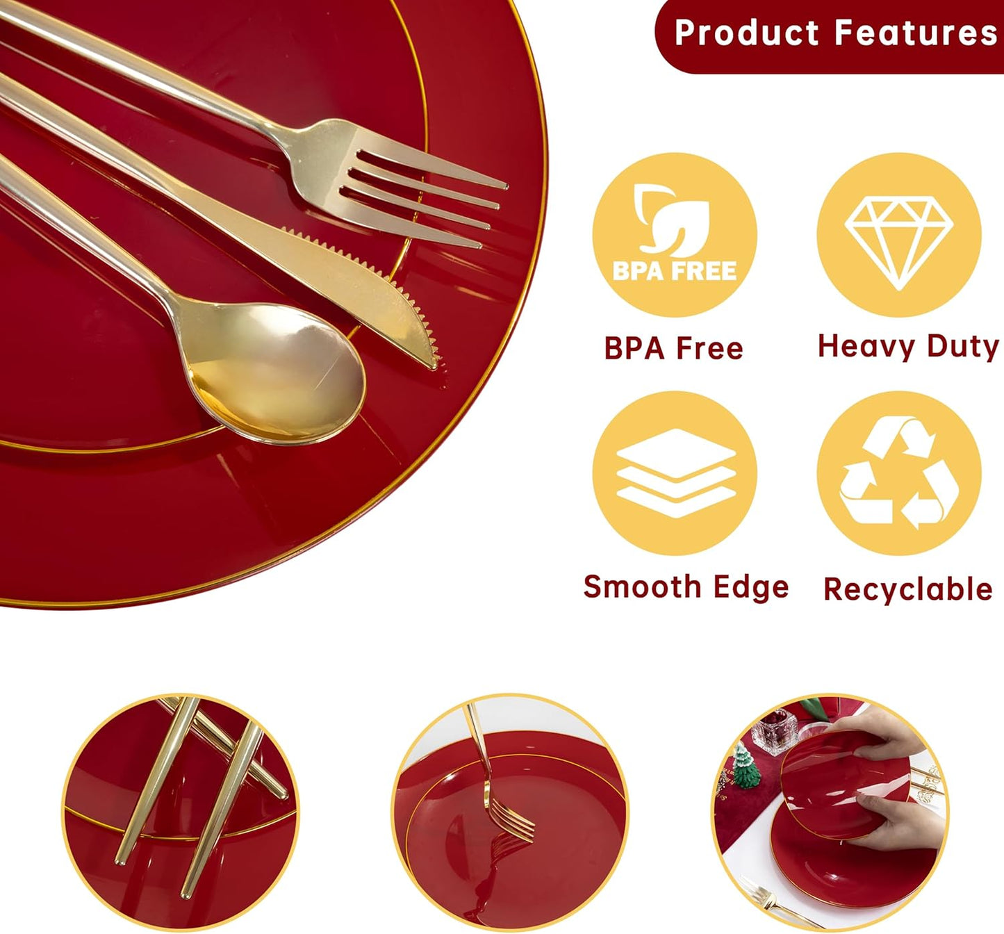 MirthMood 210pcs Red Plastic Plates,Disposable Red Gold Party Plates,Include 30 Dinner,Dessert Plate,30 Cup&30 Napkins, 90 Gold Silverware for Wedding & Party & Birthday（Plum Red）
