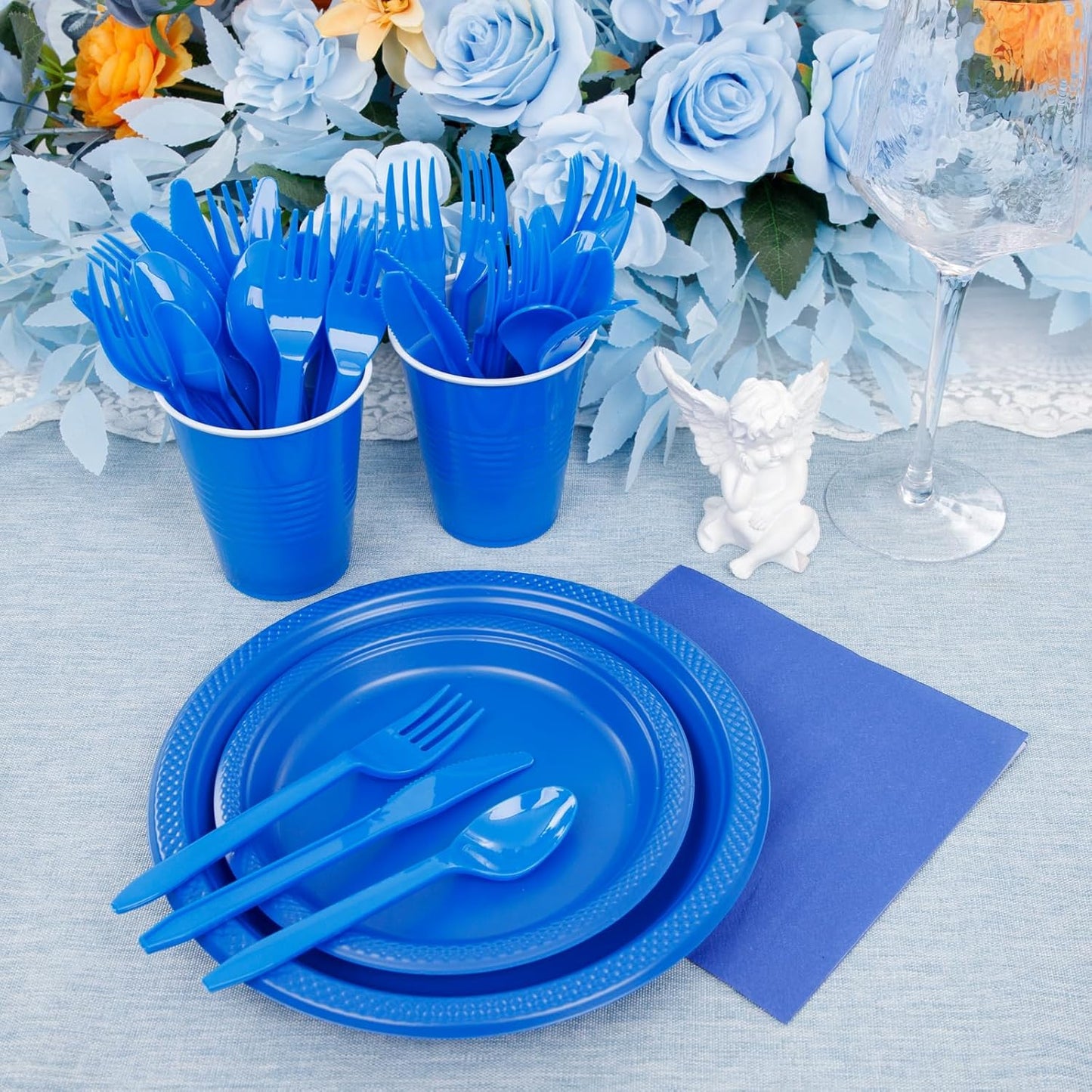 MirthMood 350 Pieces Blue Party Supplies, Disposable Dinnerware Set, Including Blue Plastic Plates and Napkins, Plastic Cutlery and 12OZ Cups