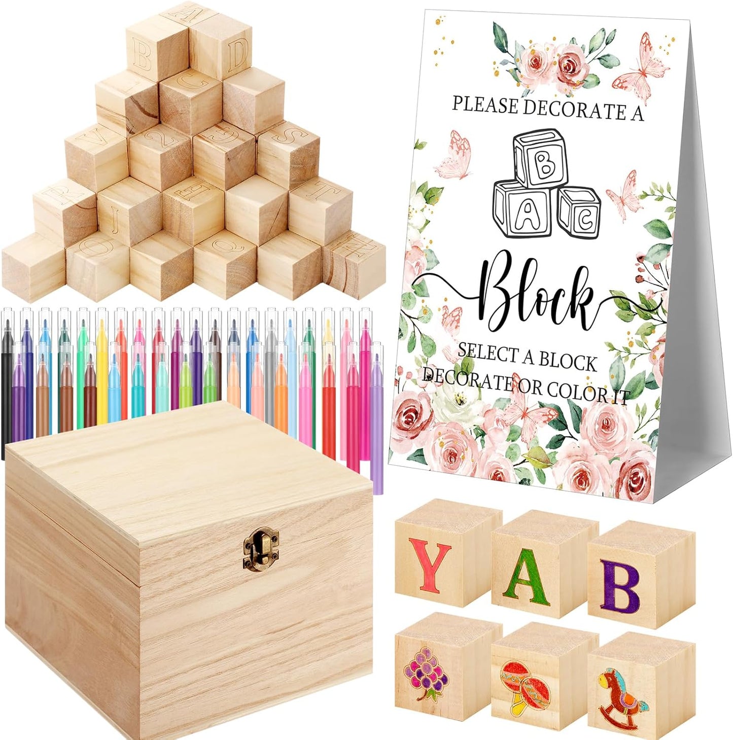 Marsui 136 Pcs Baby Shower Blocks to Decorate Game Kit Includes 98 Wooden Blocks, 36 Markers, 1 Game Sign, 1 Storage Box for Baby Shower Gender Reveal Activity Party Decorations(Flower)