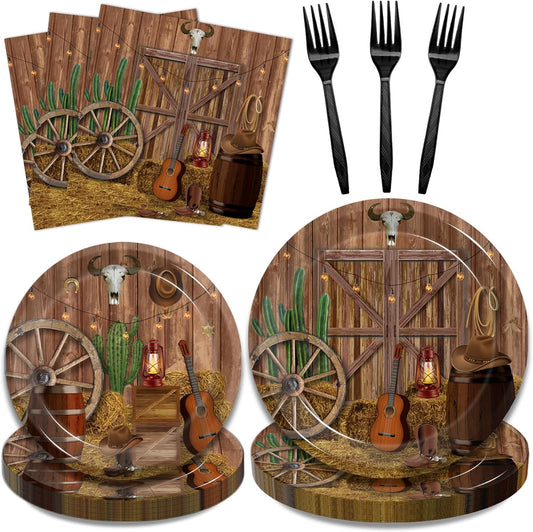 96 Pcs Western Party Plates, Western Cowboy Birthday Party Decorations Supplies Rustic Wild West Birthday Party Paper Plates Napkins Wooden House Barn Door Baby Shower Tableware, Serves 24