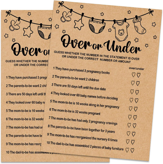 Baby Shower Game, Over or Under Game Cards, Baby Shower Party Games Supplies & Activities, Party Activities Ideas Supplies, Baby Shower Ideas, 30 Game Cards Included, Kraft