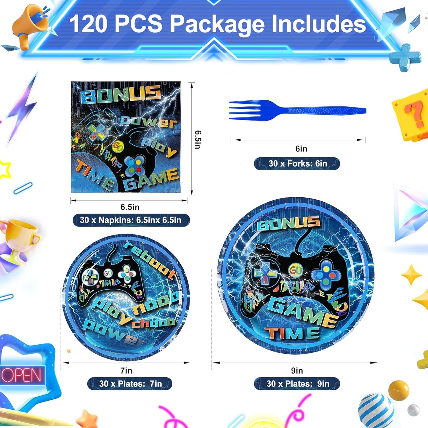 Video Game Party Supplies 120 Pcs Set - Plates, Napkins, Forks, Perfect for Boys Birthday, Baby Shower, Serves 30