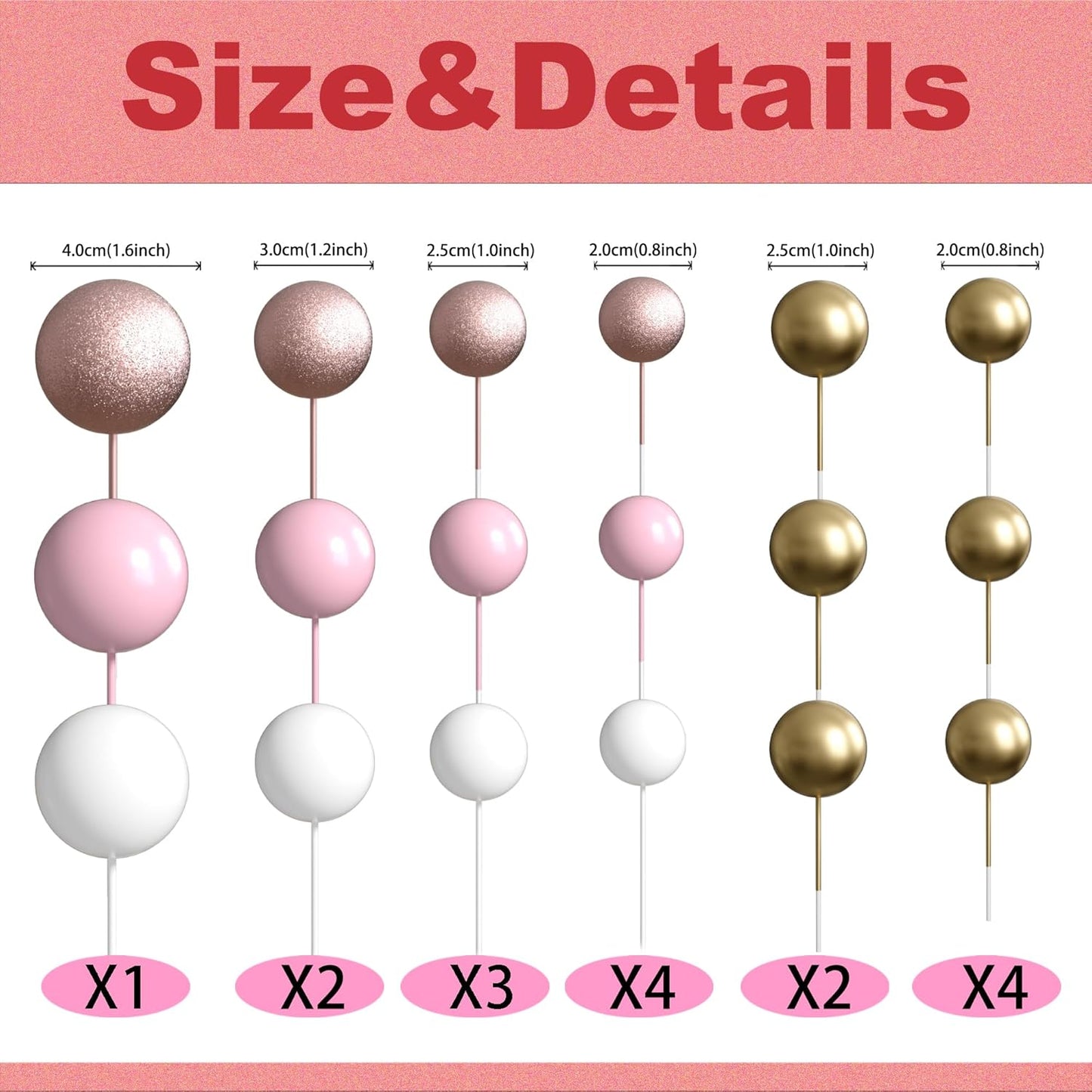 36 Pack Balls Cake Topper Decorations Foam Balloons Cake Decorations Sticks Mini Balloons Cake Toppers Balls Cake Picks for Baby Shower Wedding Anniversary Birthday Party Decorations Pink White Gold
