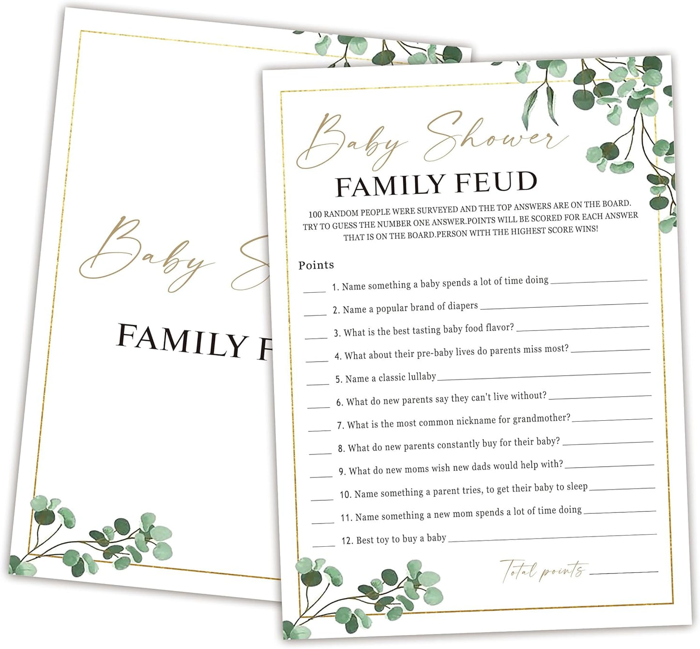 Family Feud Baby Shower Game - Pack of 30 Cards, Answer Key, Greenery Decorations, Feud Game Supplies-04