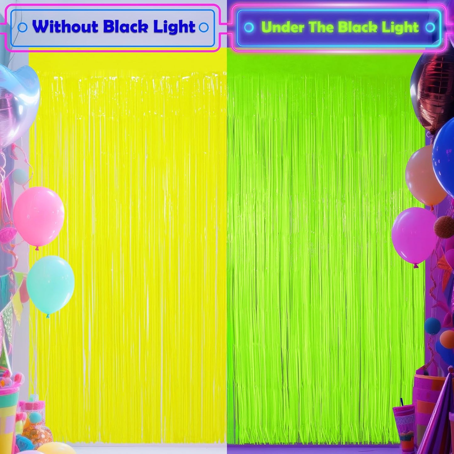 Glow in The Dark Party Supplies,3 Pack Neon Party Decorations,9.9 X 6.6 ft Fluorescent Tinsel Foil Fringe Curtains Macaron Yellow,Photo Booth Prop Backdrop Streamer for Birthday Party Streamer Decor