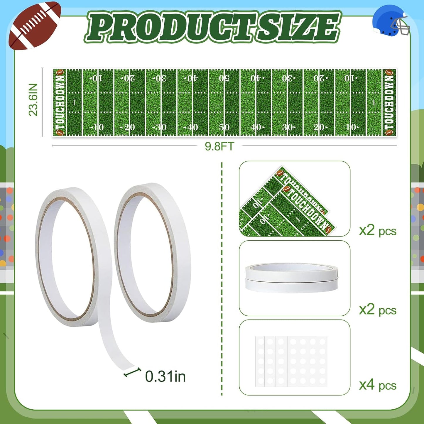 2Pcs Football Field Rug, 10Ft Long Field Aisle Touchdown Runners, Football Floor Runner for Superbowl Game Day Birthday Party Supplies, 24 x 120 Inch