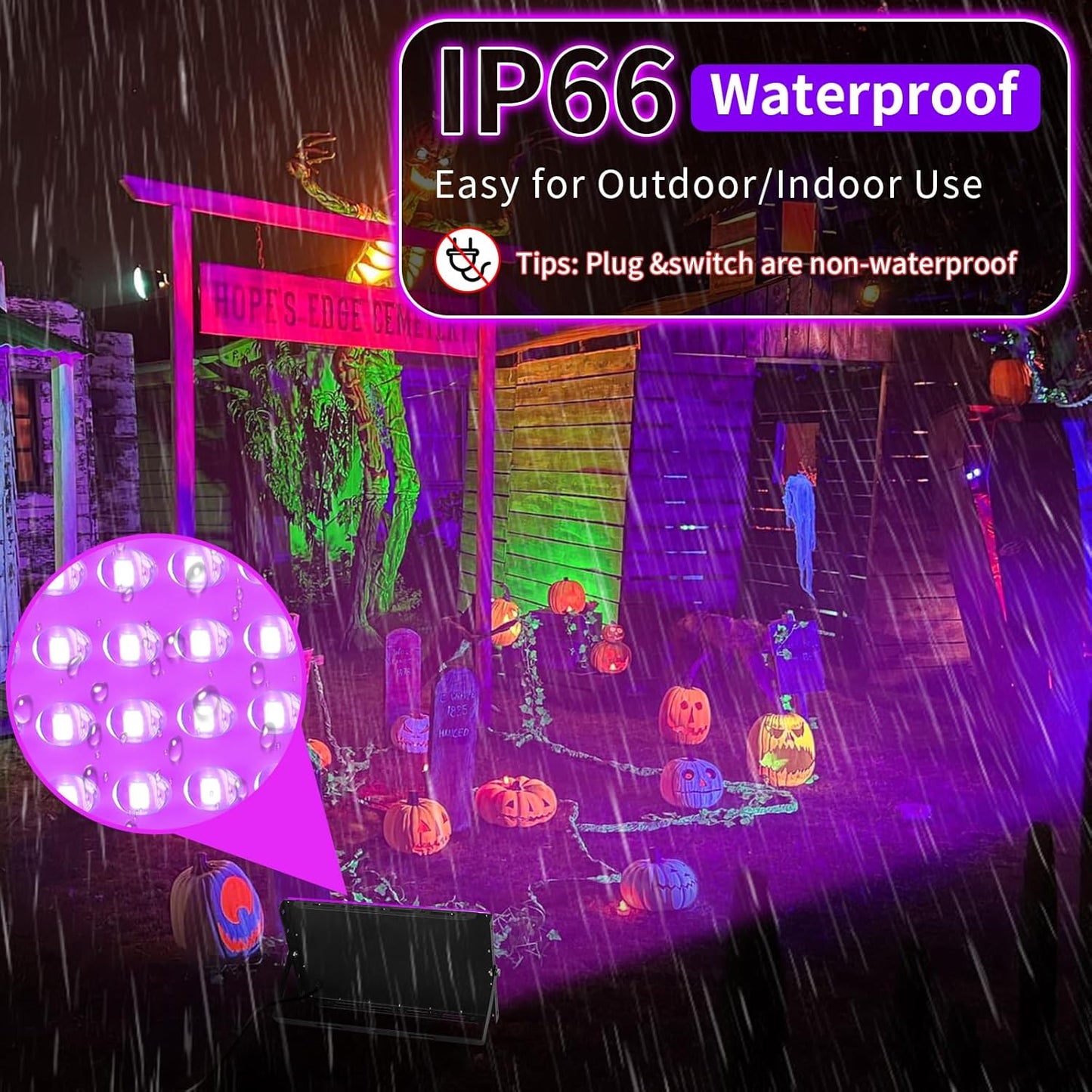 200W Blacklight Flood Light with 10ft Cord+Switch, IP66 Waterproof Outdoor LED Black Lights for Large Space, Glow Party, Halloween, Stage, Gym, Poster, Body Paint, 4 Pack