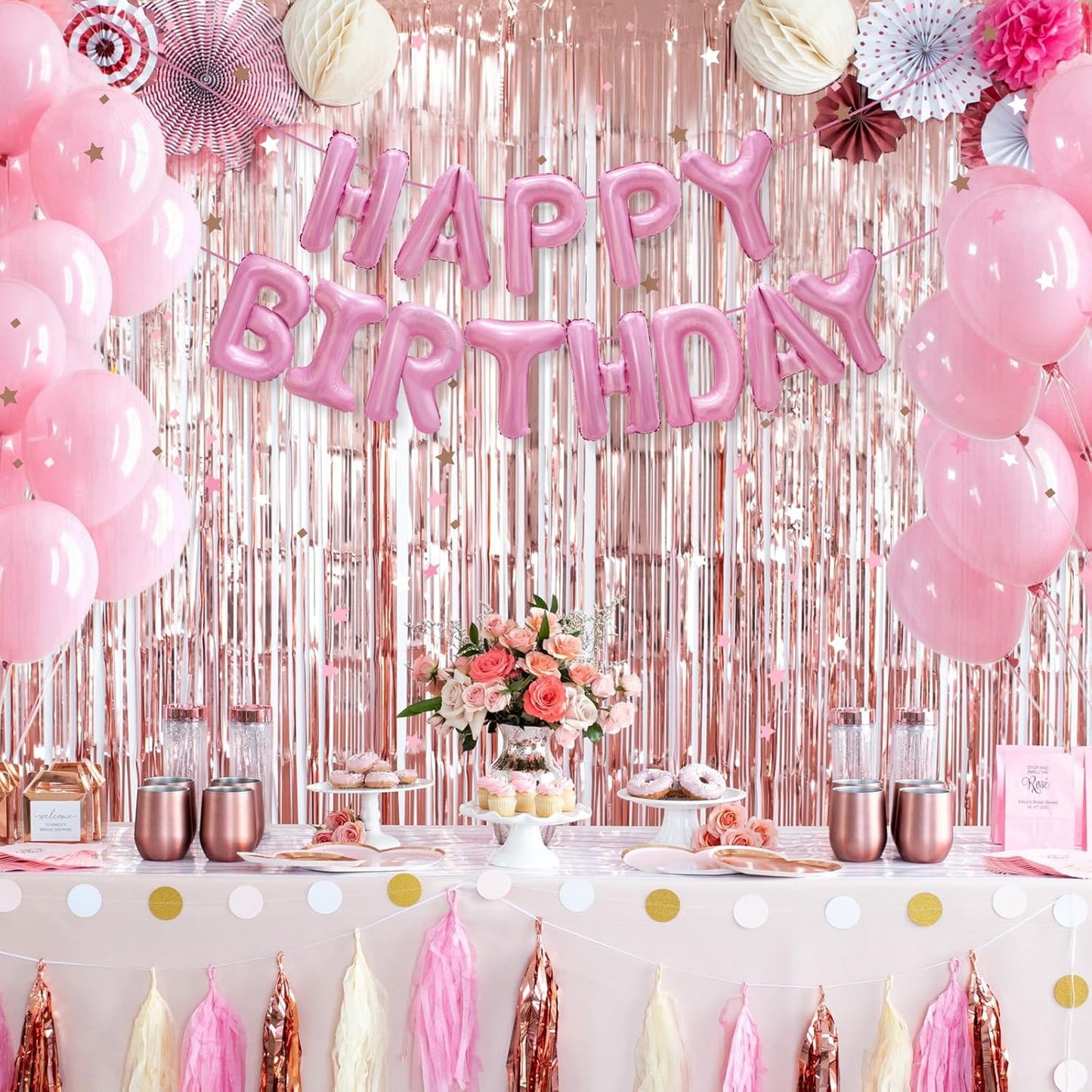 Pink Happy Birthday Balloon Banner Decorations 16 inch for Women Girls Party