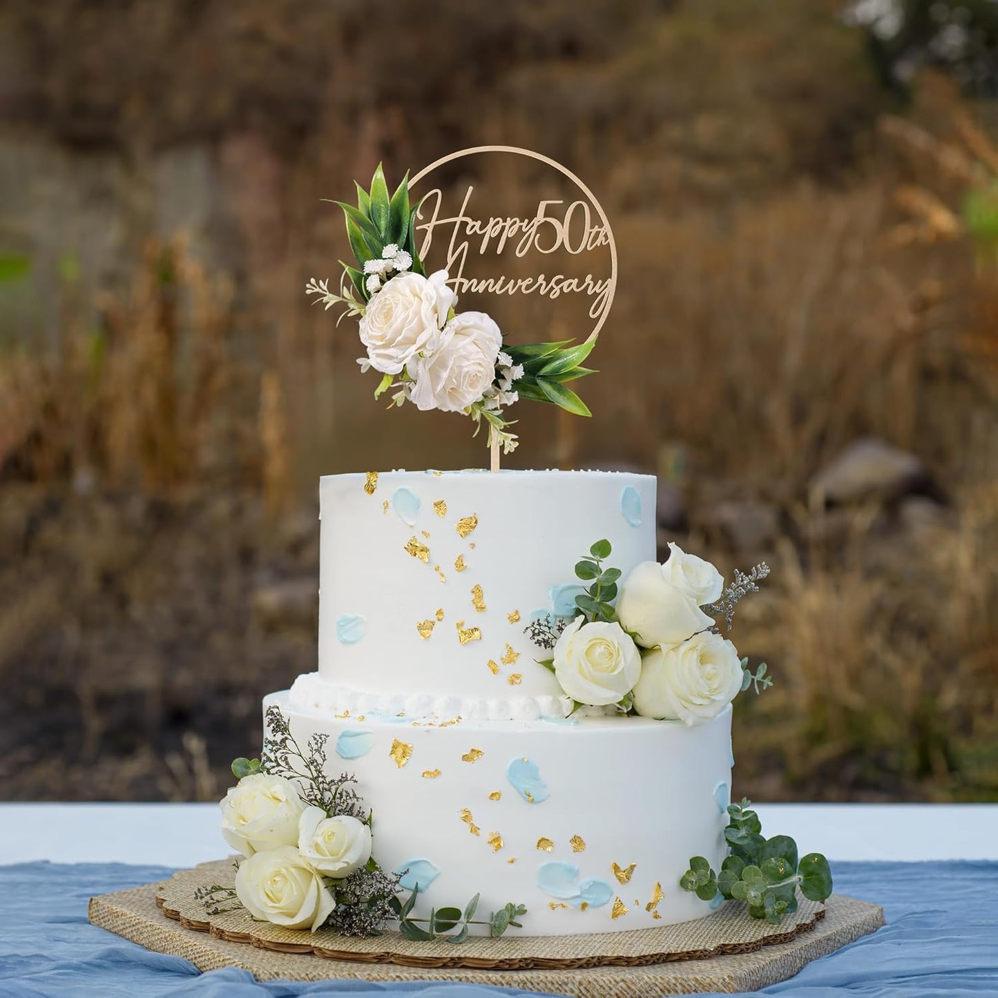 50th Wedding Anniversary Cake Topper 3D Artificial White Roses Flower Arrangement 50th Anniversary Cake Decoration