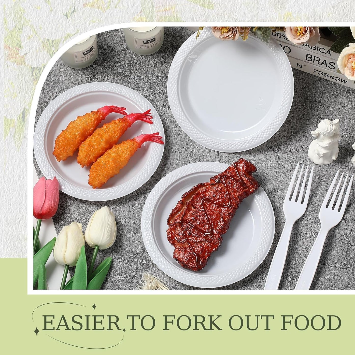 Hushee 600 Pcs 6 Inch Plastic Dessert Plates with Forks for Cake Appetizer, 300 Disposable Plates and 300 Plastic Forks for Wedding Birthday Party Event Bulk (White)